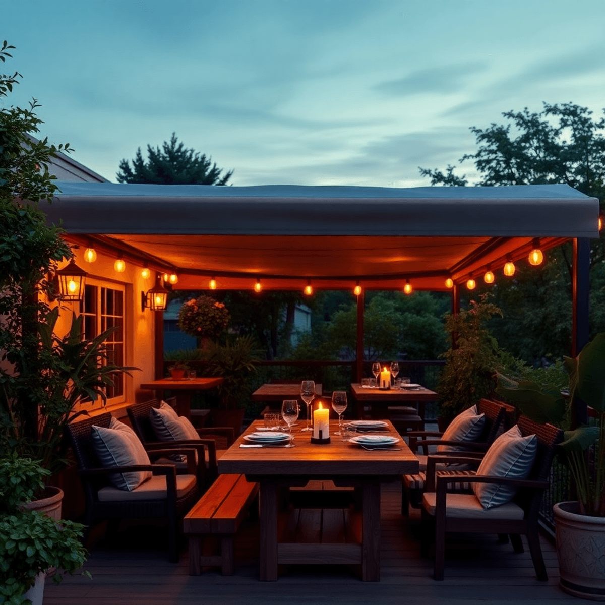 Cozy outdoor dining area with modern awning, rustic wooden table set for a meal, surrounded by greenery and soft dusk lighting.