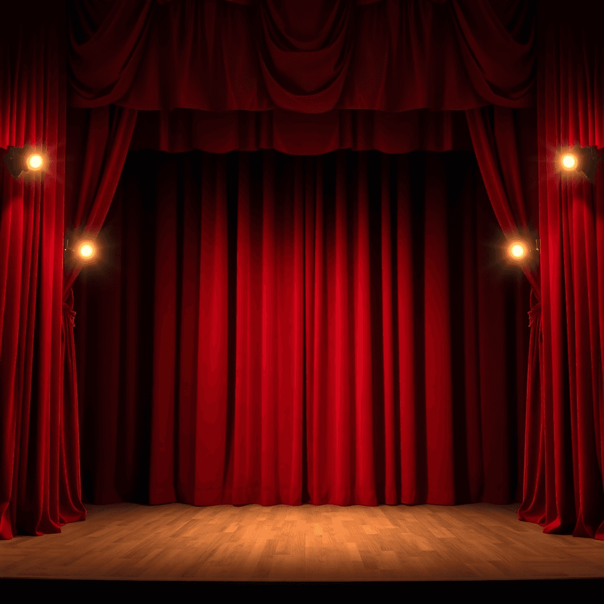 Deep red velvet theatre curtain softly lit, framing an empty stage in a classic community venue, evoking anticipation and elegance.
