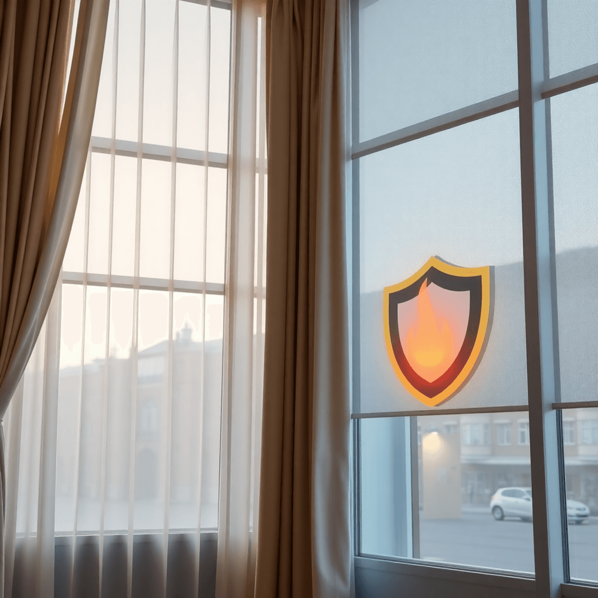 Modern commercial interior with large windows, elegant flame-resistant curtains, soft natural light, and subtle glowing embers transforming into pr...