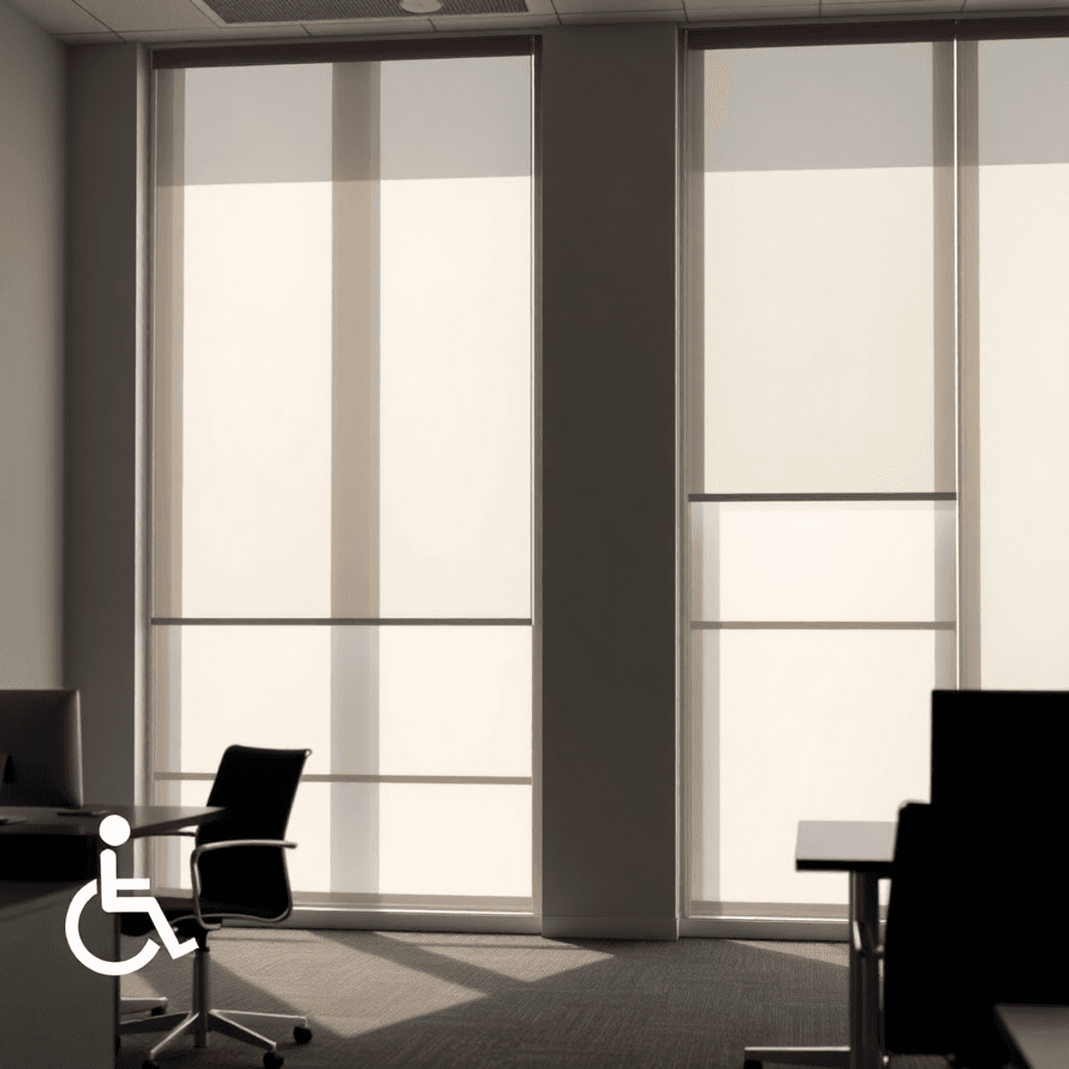 Modern office interior with motorized blinds, soft natural light, and subtle accessibility symbols integrated into the architecture for an inclusiv...
