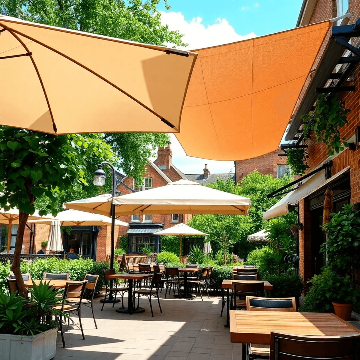 Outdoor cafe with wooden tables, large umbrellas, pergolas with climbing plants, retractable awnings, lush greenery, and brick buildings on a sunny...