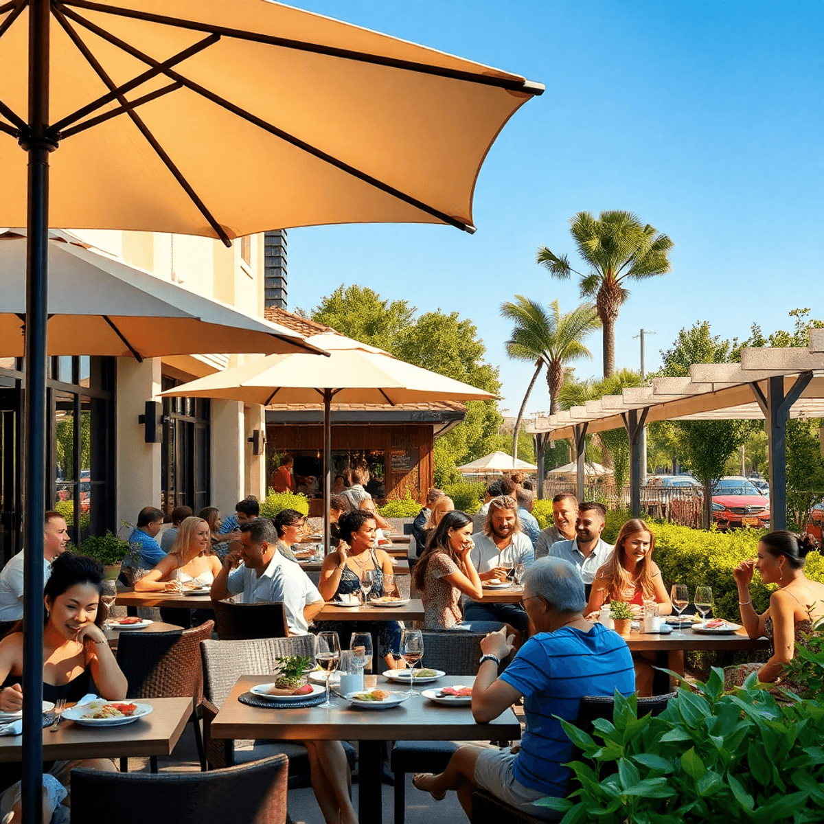 Outdoor restaurant patio with stylish umbrellas and pergolas, diners enjoying meals under shade surrounded by greenery and warm sunlight.