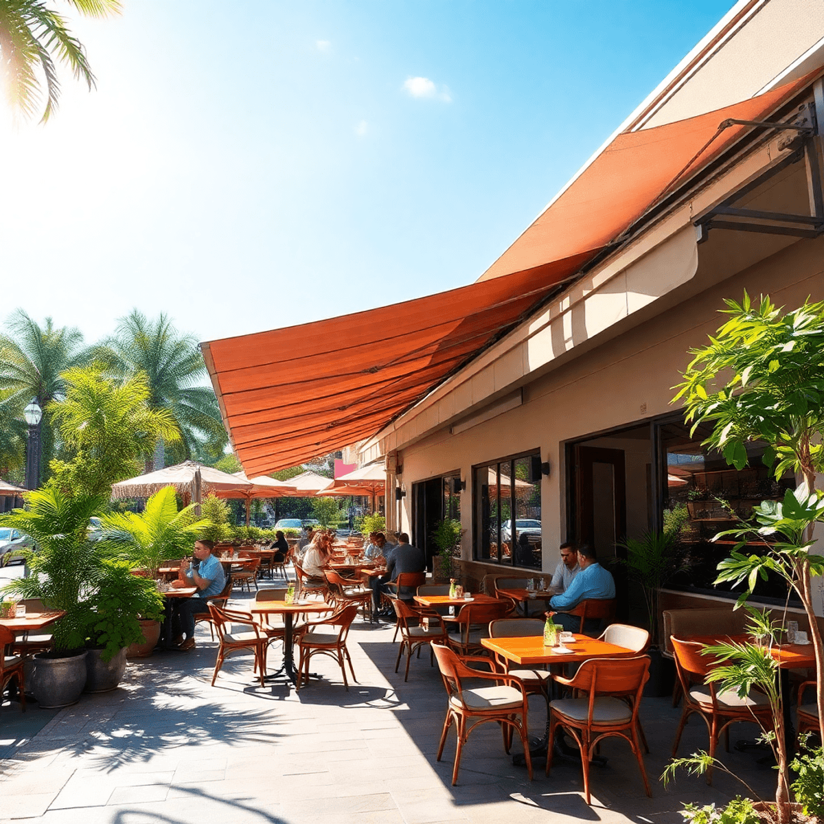 Outdoor restaurant with stylish awnings, cozy tables, lush greenery, and bright sunny sky creating a warm, inviting atmosphere.