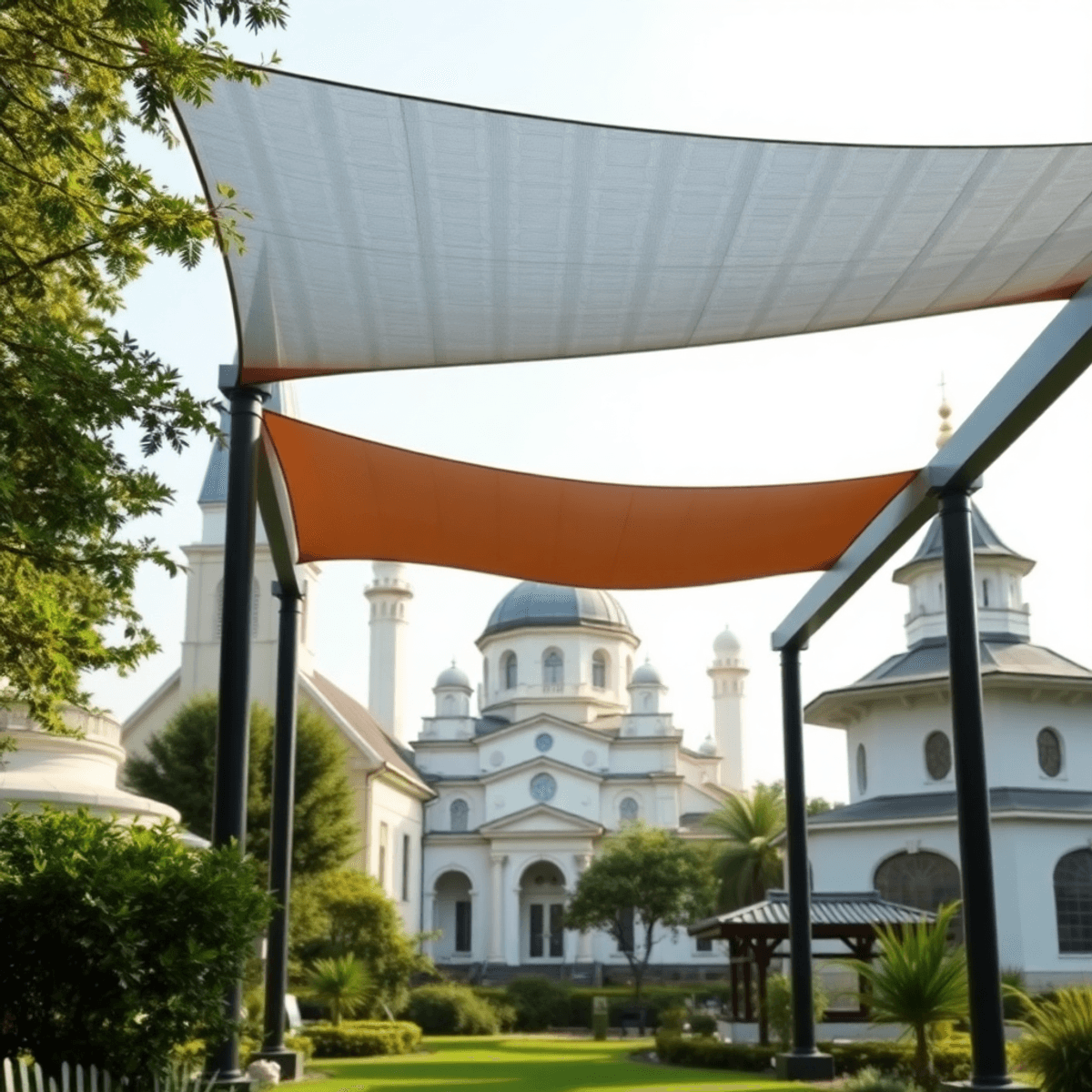 Outdoor scene with a church, mosque, and temple surrounded by greenery and modern shading structures, bathed in soft natural light.