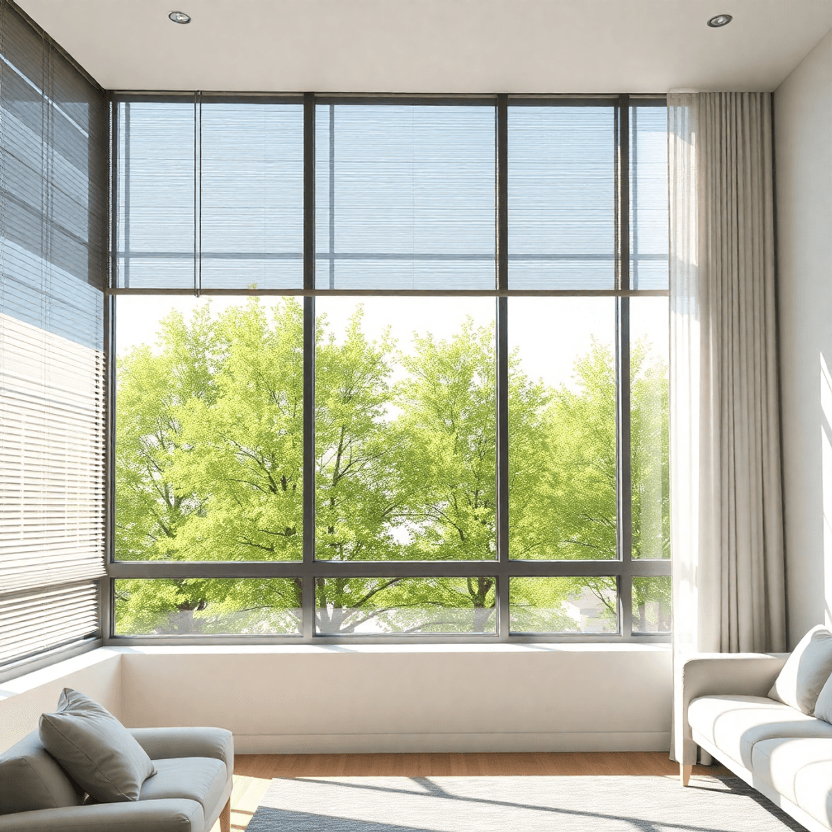 Sunlit modern living room with large windows, sleek blinds, light curtains, soft shadows, and green trees visible outside under a clear sky.